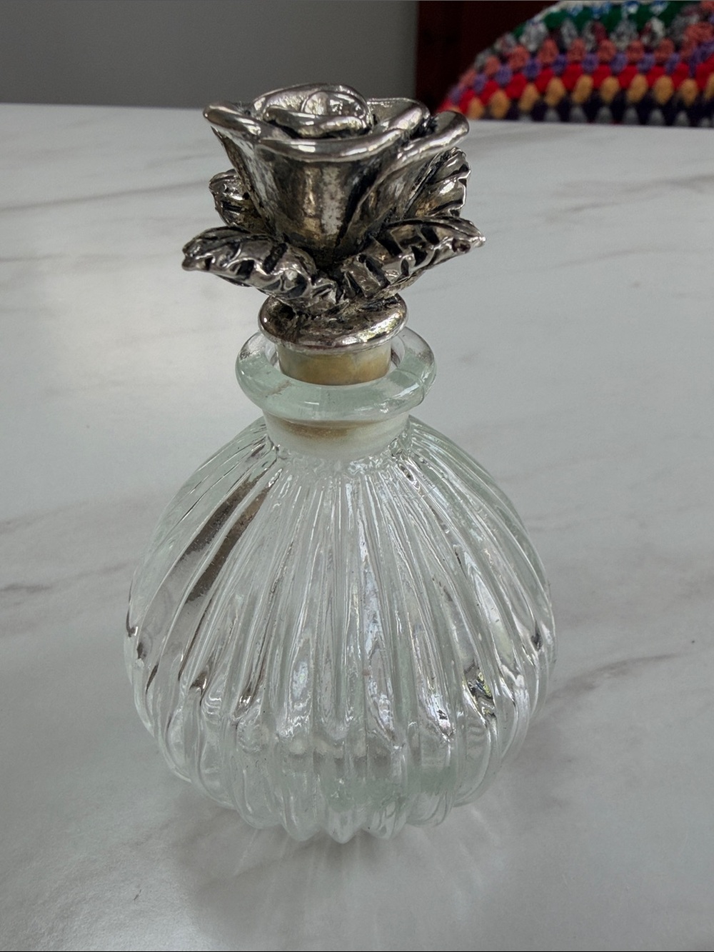 Vintage Ribbed Glass fluted Perfume Bottle with Silver Rose Stopper